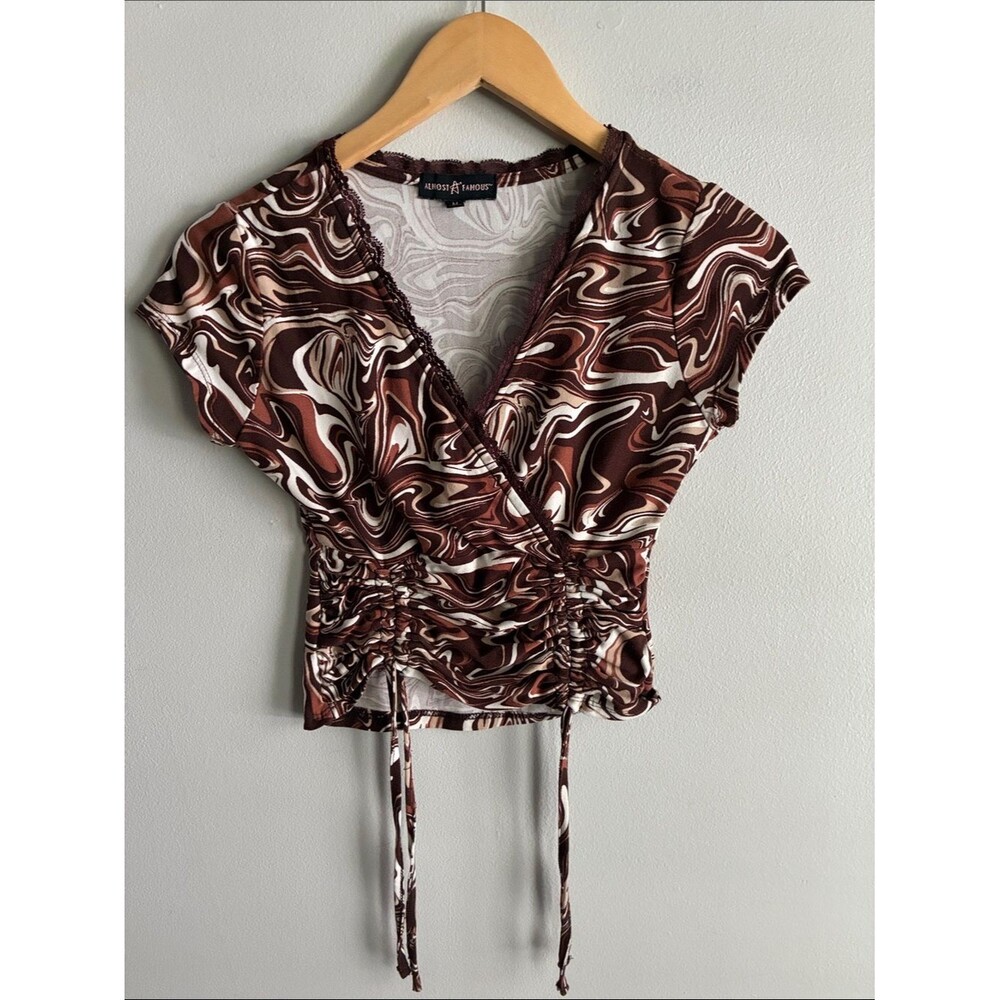 Almost Famous Y2K Brown Marble Print Ruched Crop Top Size M